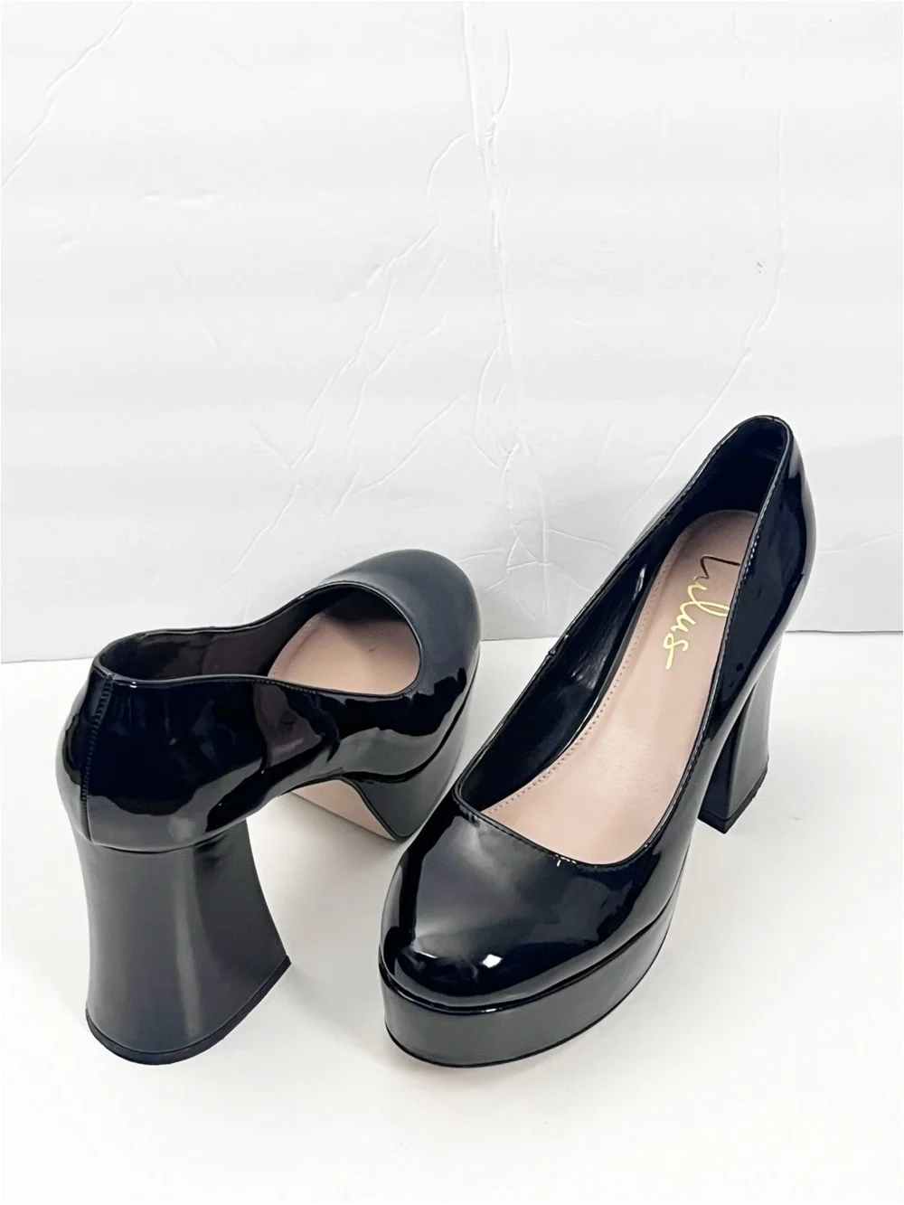 LULUS Joanah Black Patent Leather Round Toe Chunky Platform Block Heels Size 9